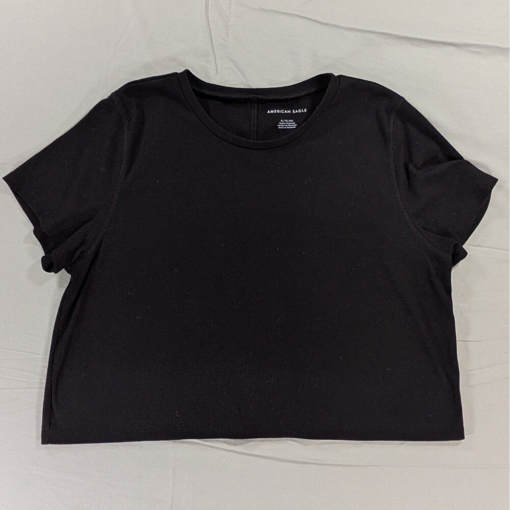 American Eagle Women's Black Ribbed Knit Crew Neck Short Sleeve T-Shirt XL